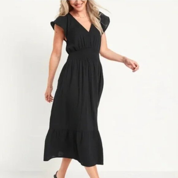 Old Navy Waist Defined Flutter Sleeve Smocked Midi Dress Babydoll Surplice Large - Picture 1 of 10
